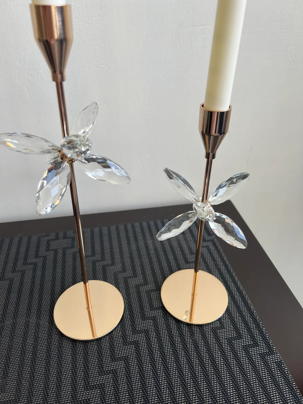 Set of 3 Candle Stands Gold Crystal Flowers – Elegant Table Centerpiece | Meer Decor World