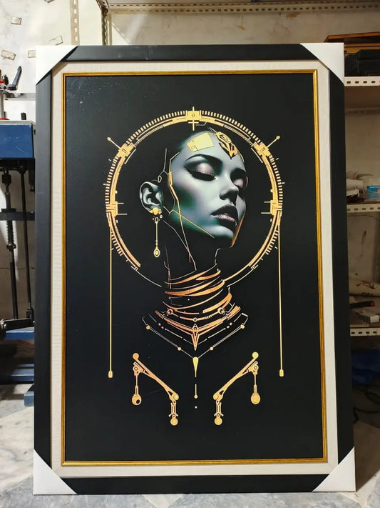 Luxury Futuristic Woman Abstract Wall Art (Black & Gold Frame) – Meer Decor World