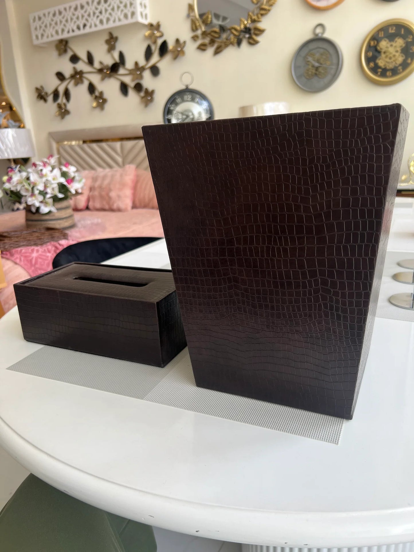 Leather Tissue Box and Dustbin 03 – Stylish Premium Leather Desk & Home Set | Meer Decor World
