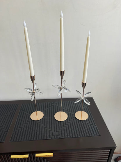 Set of 3 Candle Stands Gold Crystal Flowers – Elegant Table Centerpiece | Meer Decor World