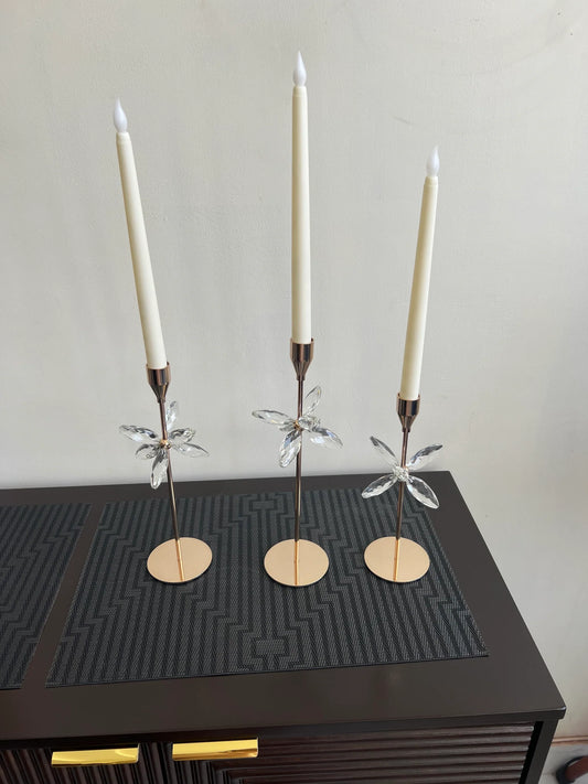 Set of 3 Candle Stands Gold Crystal Flowers – Elegant Table Centerpiece | Meer Decor World