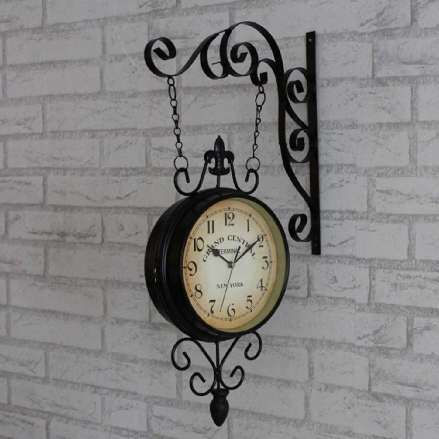 Double Sided Wall Clock – Retro Wrought Iron Metal Antique Station Clock | Meer Decor World