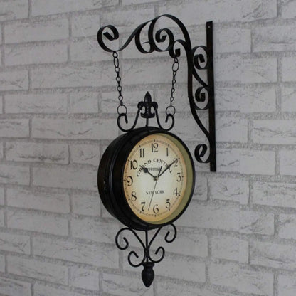 Double Sided Wall Clock – Retro Wrought Iron Metal Antique Station Clock | Meer Decor World