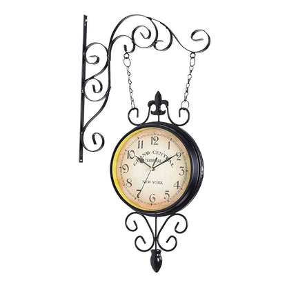Double Sided Wall Clock – Retro Wrought Iron Metal Antique Station Clock | Meer Decor World
