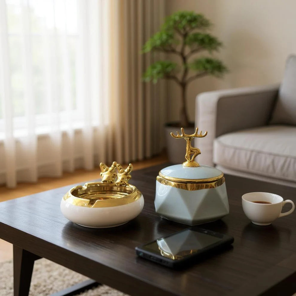 Ceramic Deer Lid Ashtray Set – Stylish Smokers’ Ashtray with Decorative Deer Lid | Meer Decor World
