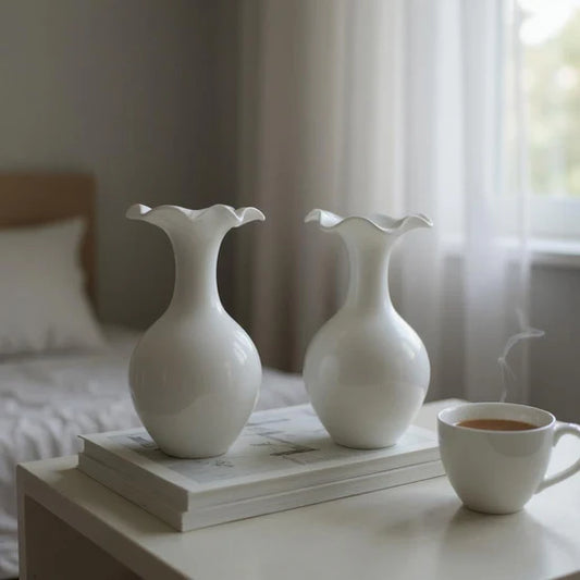 White Vase with Petal Rim – Elegant Ceramic Flower Vase | Meer Decor World