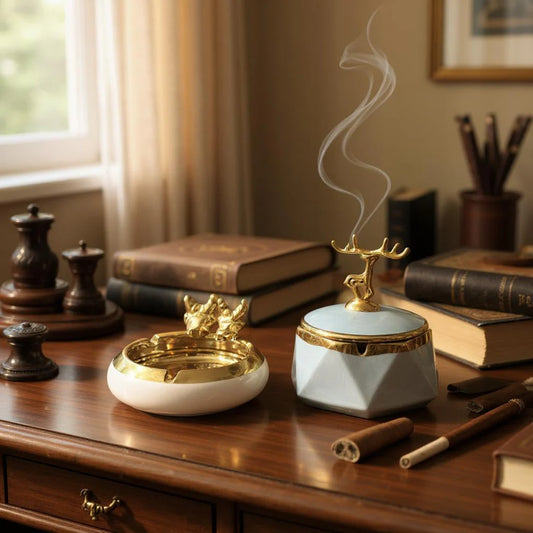 Ceramic Deer Lid Ashtray Set – Stylish Smokers’ Ashtray with Decorative Deer Lid | Meer Decor World